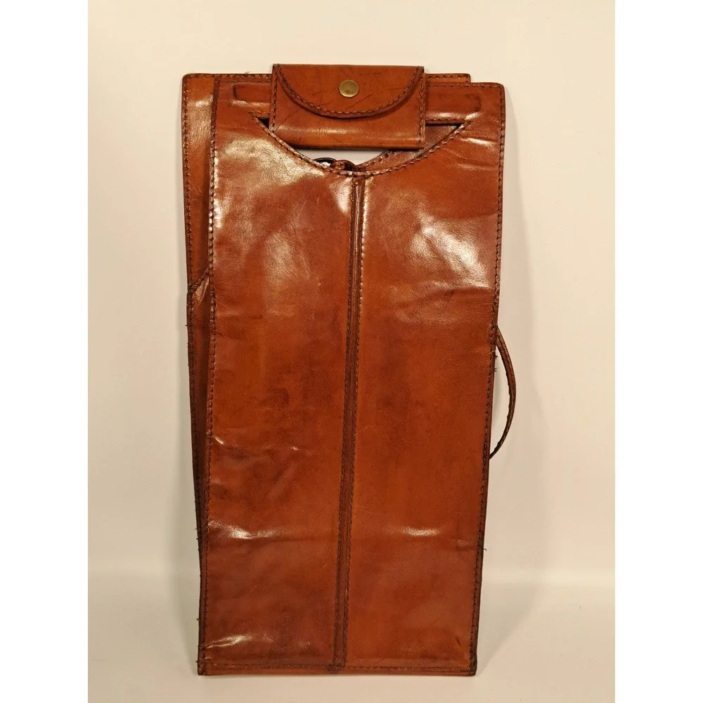 Vintage Cognac Brown Leather Wine Bottle Carrier Bag Snap Closure Picnic Tote
